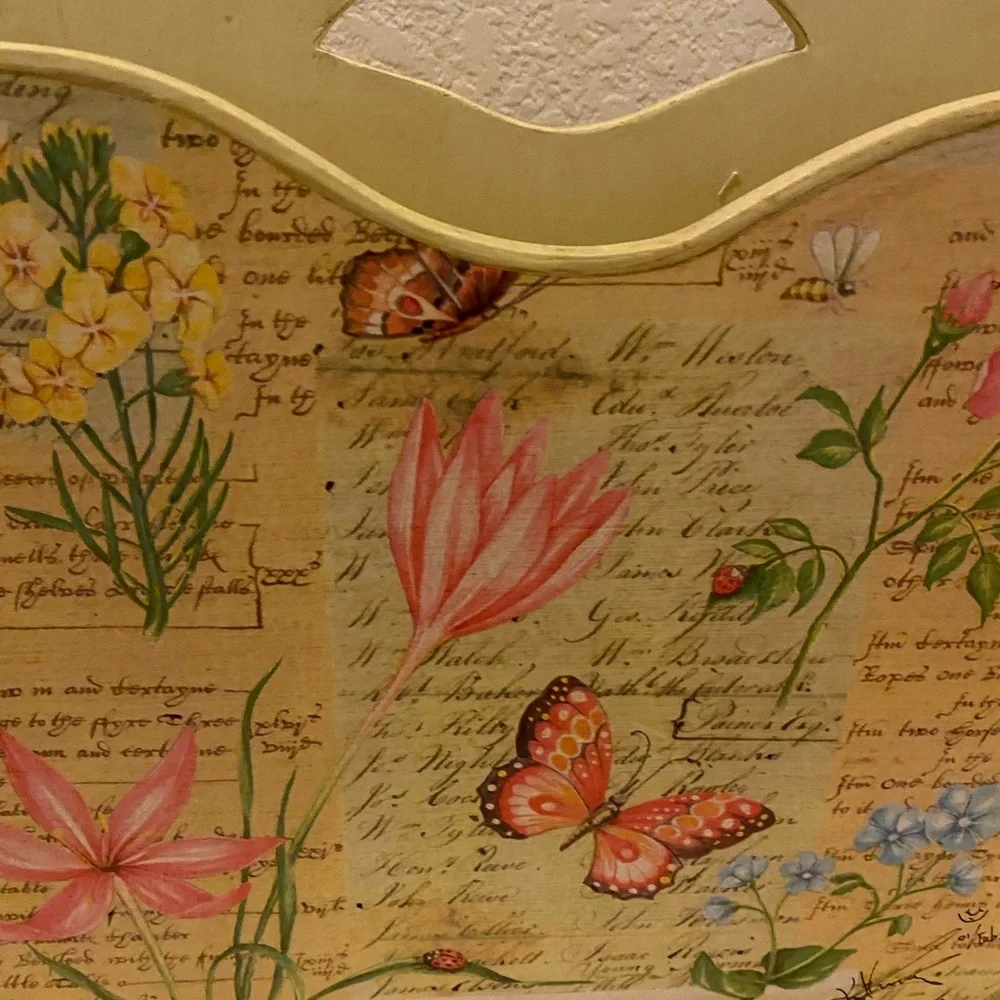 Signed Vintage Off 5th Yellow Floral Butterfly Country Wood Magazine Holder 15”H